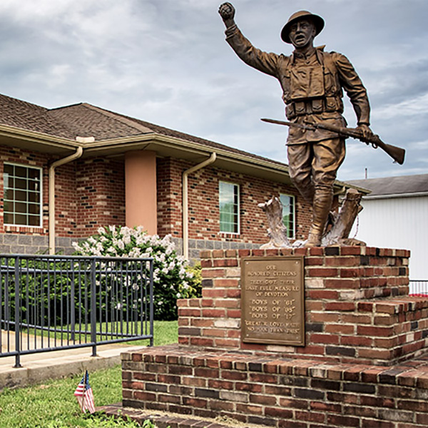 Bronze statue of a Doughboy soldier outside the Village offices in the Village of Crooksville, Perry County, Ohio.