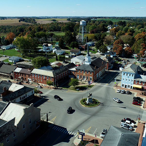 Aerial view of the town square and roundabout in the Village of Somerset, Perry County, Ohio.