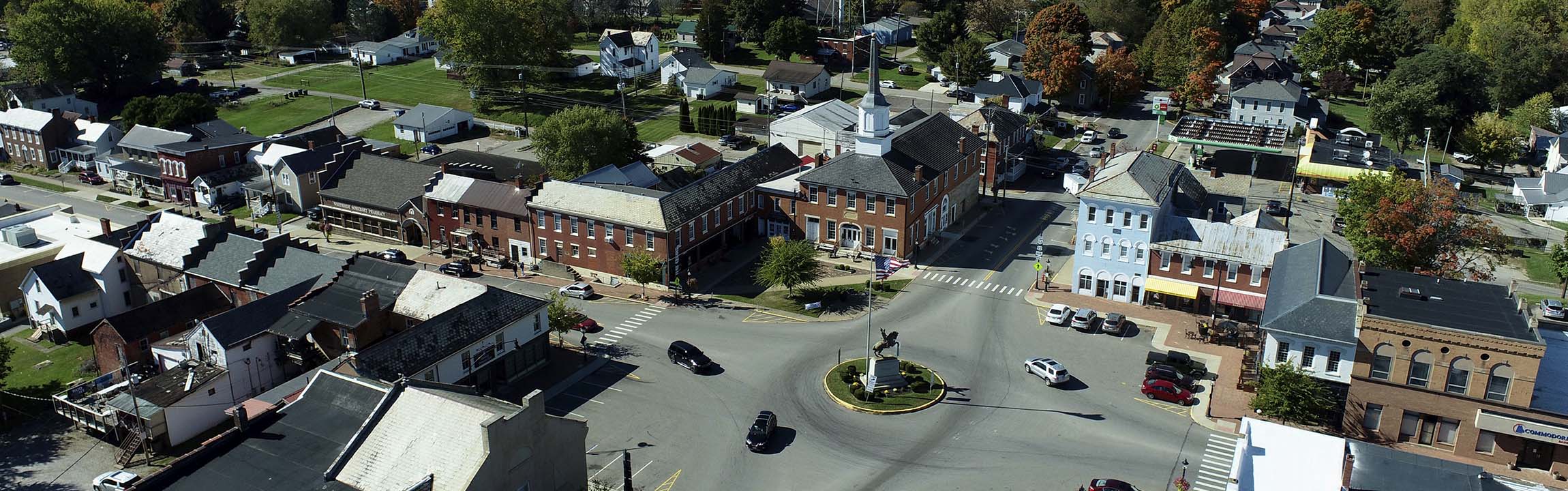 Aerial view of the town square and roundabout in Somerset, Perry County, Ohio