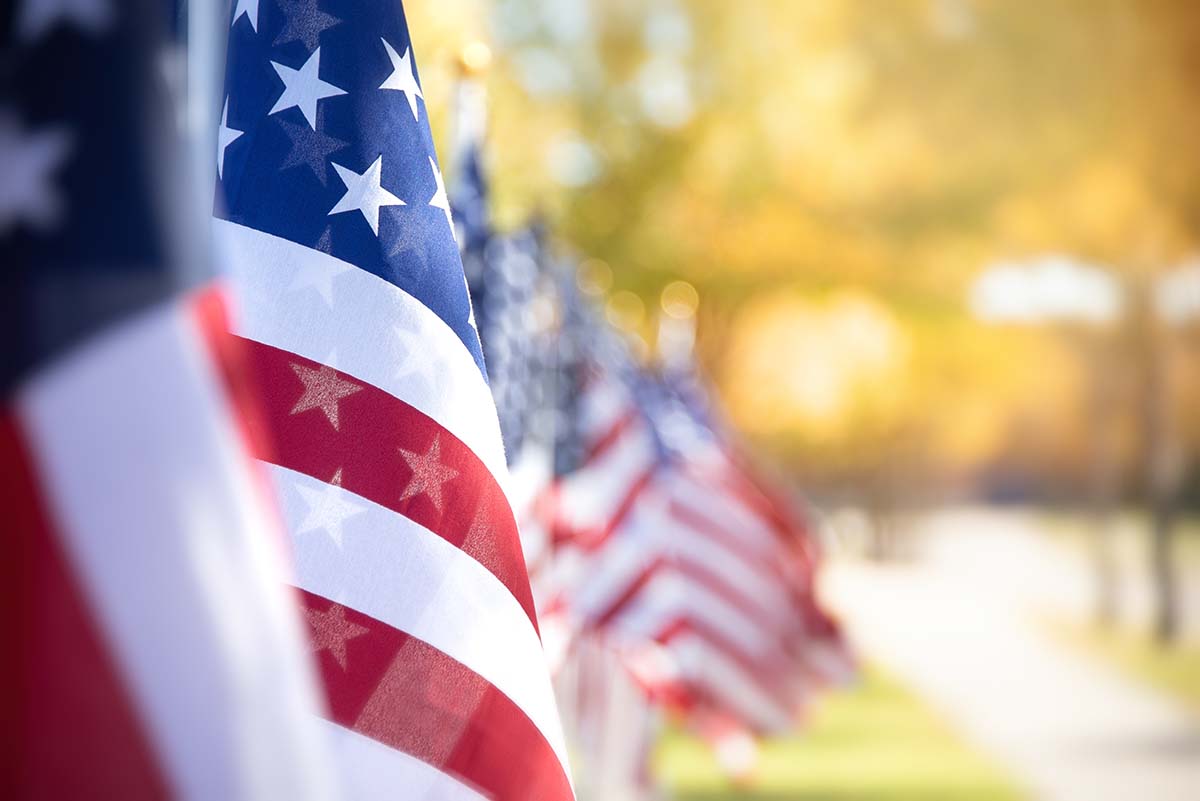 United States flags in a row on a residential street.