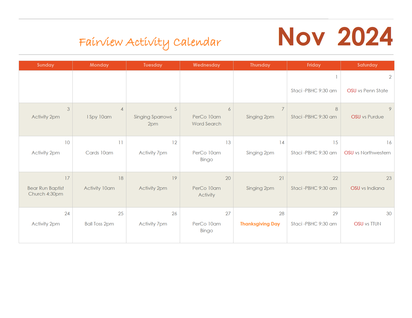 Fairview Assisted Living activities calendar for November 2024