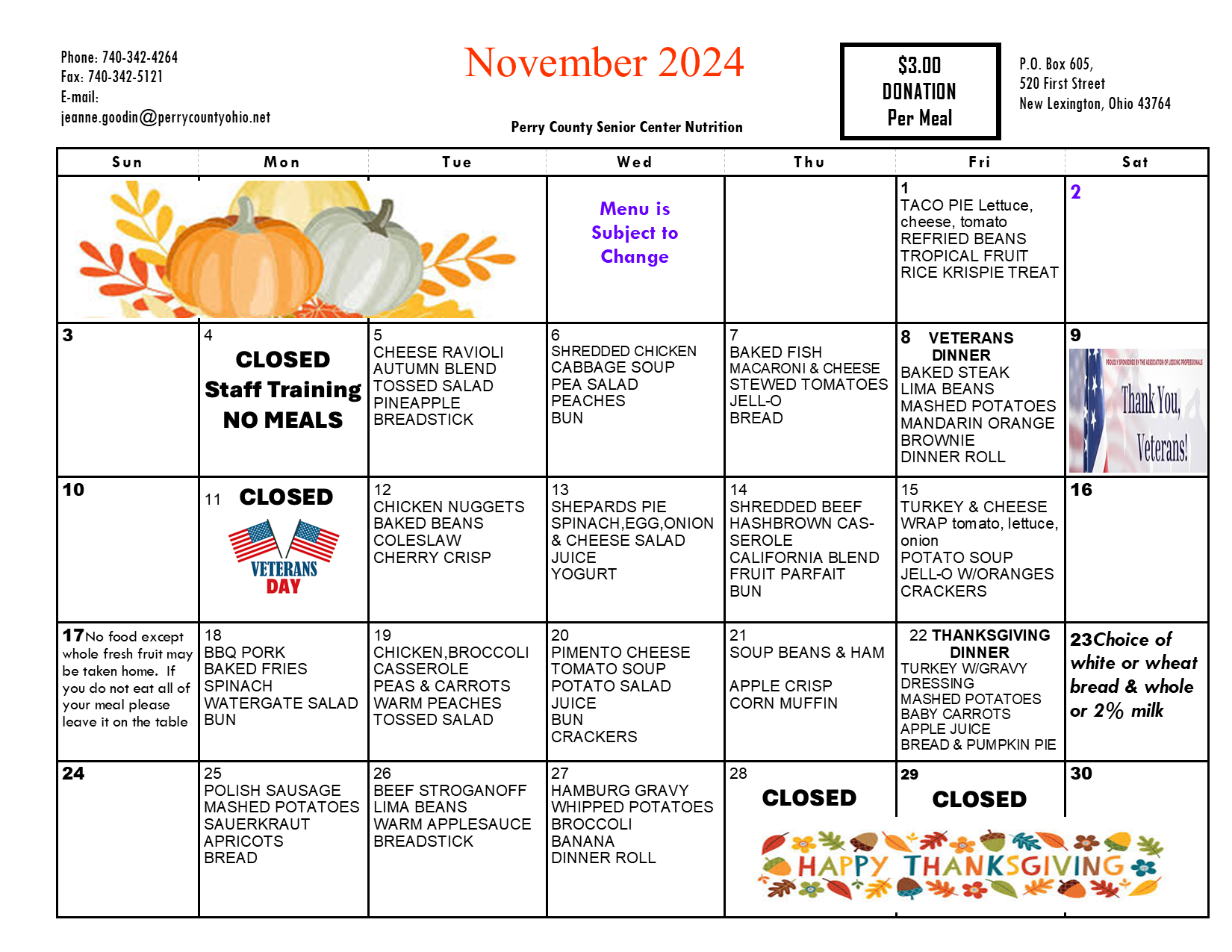 The November lunch menu for the Perry County Ohio Senior Center