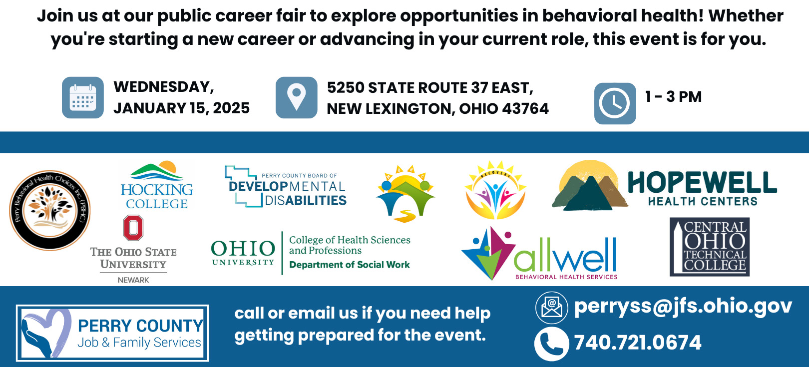 Join us at the Behavioral Health Career Fair hosted by Perry County Ohio Jobs and Family Services Wednesday, January 15, 2025 from 1:00 to 3:00 PM.